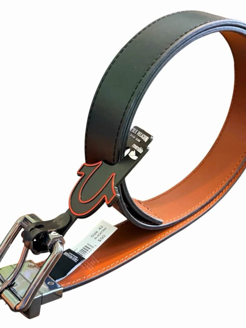 MENS TRUE RELIGION HORSESHOE BUCKLE REVERSIBLE BLACK TAN BROWN BELT 42”/ 1.5”W